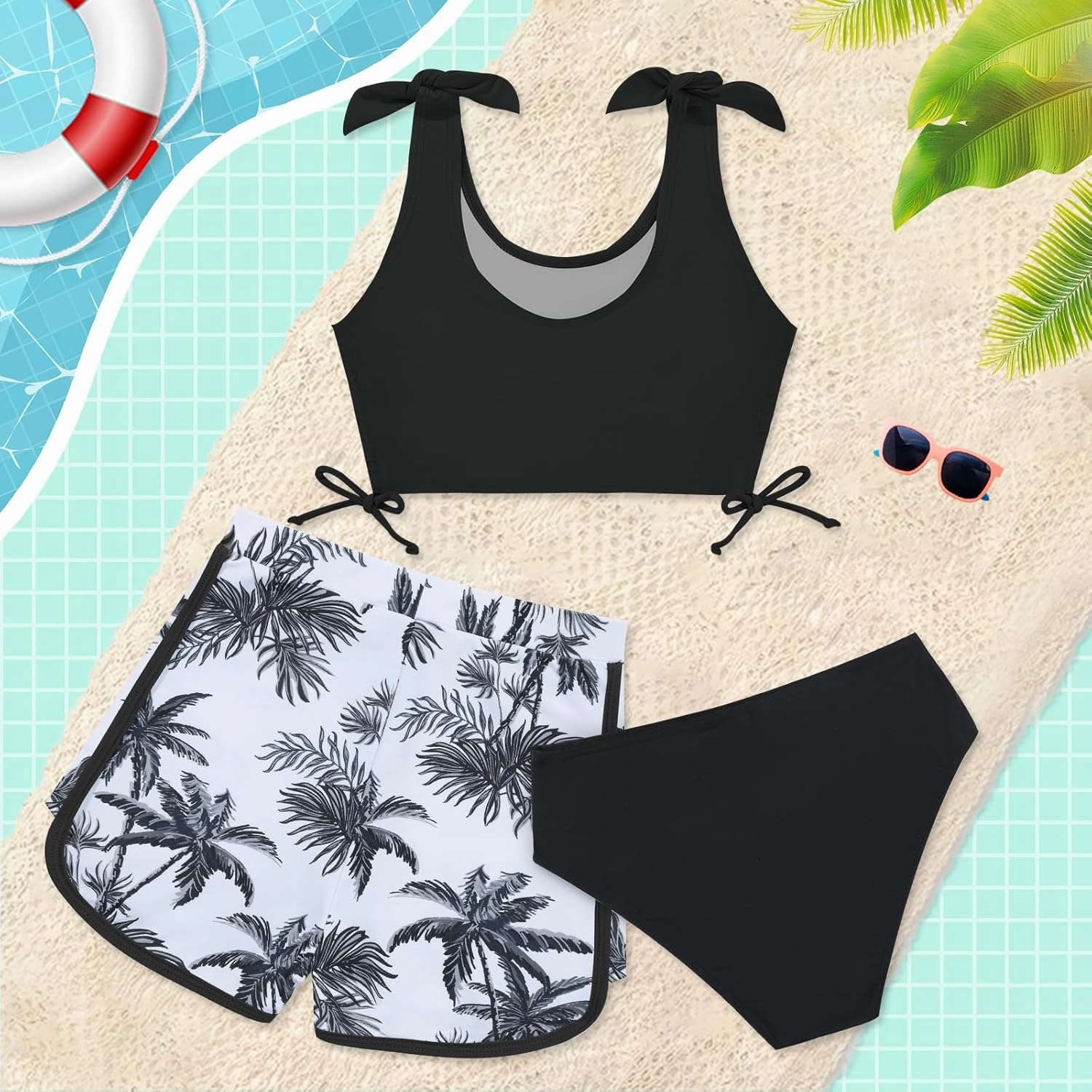 Weixinbuy Girls Swimsuit Bikini Set 3 Piece Kids Tropical Print Swimwear with Shorts Bathing Suit for Teens 9-16 Years