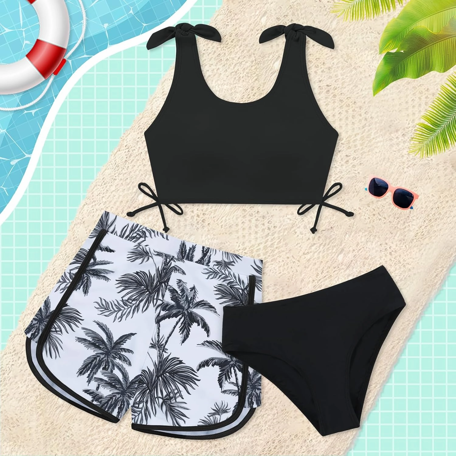 Weixinbuy Girls Swimsuit Bikini Set 3 Piece Kids Tropical Print Swimwear with Shorts Bathing Suit for Teens 9-16 Years