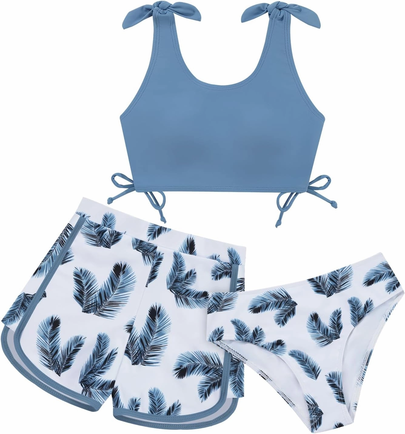 Weixinbuy Girls Swimsuit Bikini Set 3 Piece Kids Tropical Print Swimwear with Shorts Bathing Suit for Teens 9-16 Years