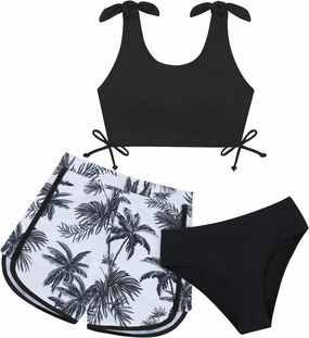 Weixinbuy Girls Swimsuit Bikini Set 3 Piece Kids Tropical Print Swimwear with Shorts Bathing Suit for Teens 9-16 Years