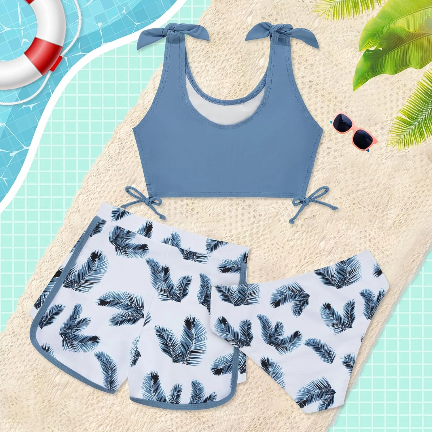 Weixinbuy Girls Swimsuit Bikini Set 3 Piece Kids Tropical Print Swimwear with Shorts Bathing Suit for Teens 9-16 Years
