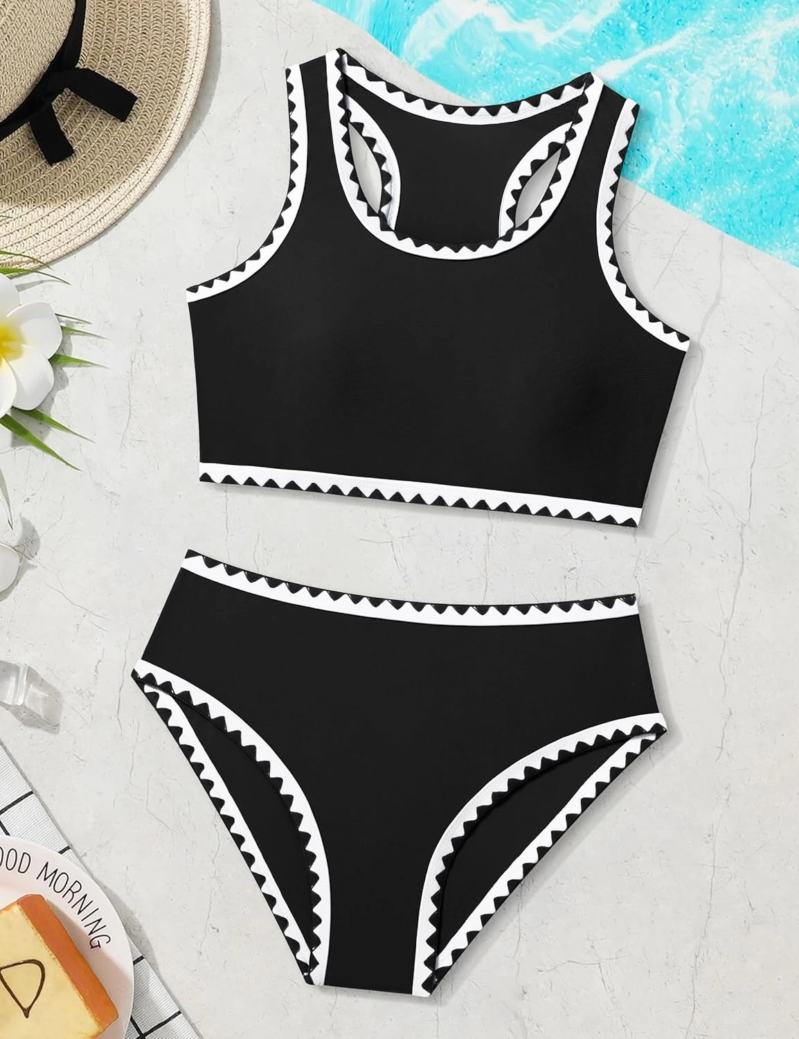 WIQI Girls Swimsuits Bikini Set 2 Piece Bathing Suit Color Contrast Trim Swimwear Size 7-16