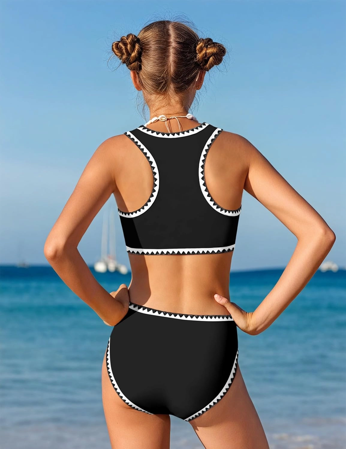 WIQI Girls Swimsuits Bikini Set 2 Piece Bathing Suit Color Contrast Trim Swimwear Size 7-16