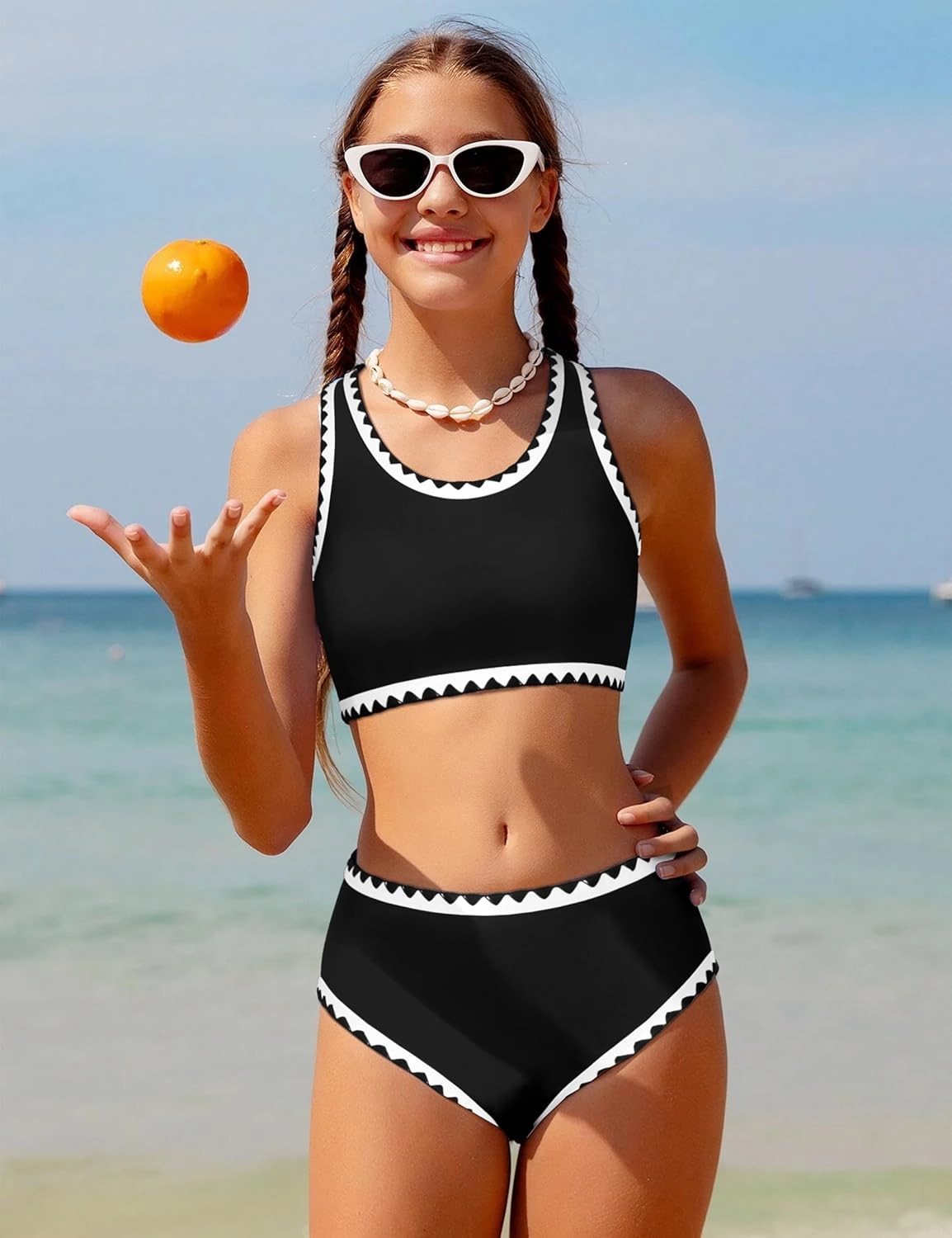 WIQI Girls Swimsuits Bikini Set 2 Piece Bathing Suit Color Contrast Trim Swimwear Size 7-16