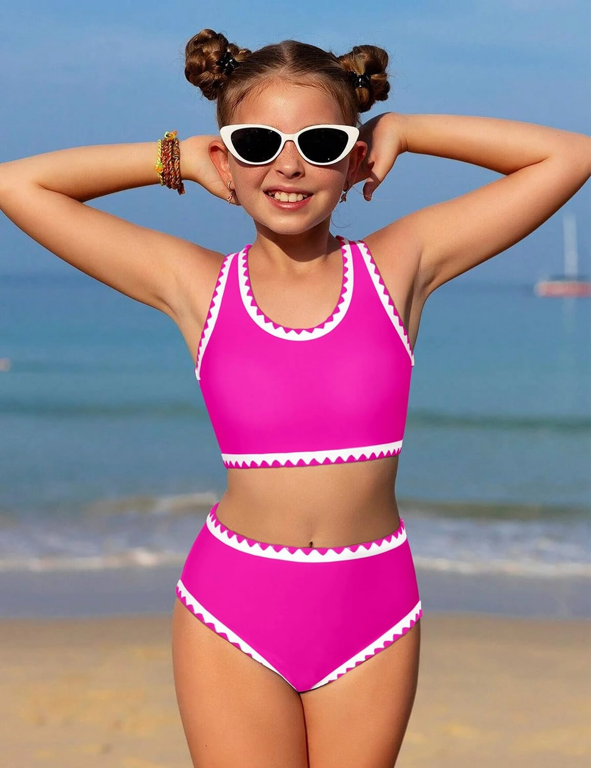 WIQI Girls Swimsuits Bikini Set 2 Piece Bathing Suit Color Contrast Trim Swimwear Size 7-16