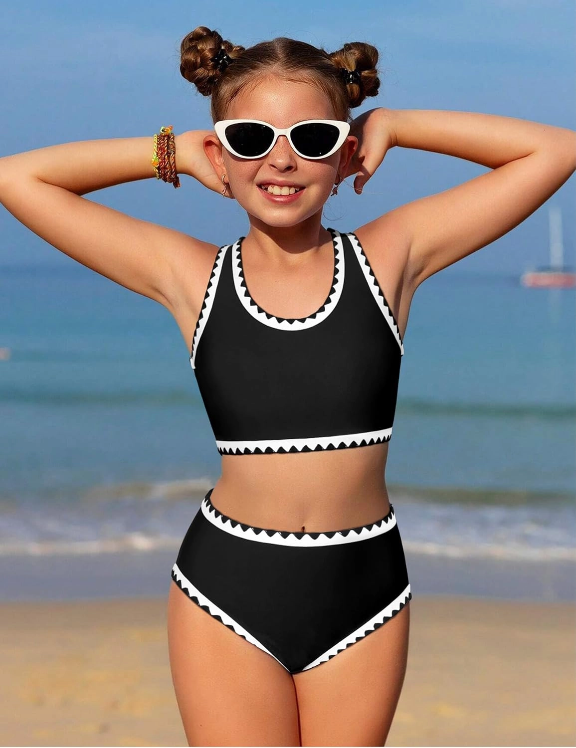 WIQI Girls Swimsuits Bikini Set 2 Piece Bathing Suit Color Contrast Trim Swimwear Size 7-16