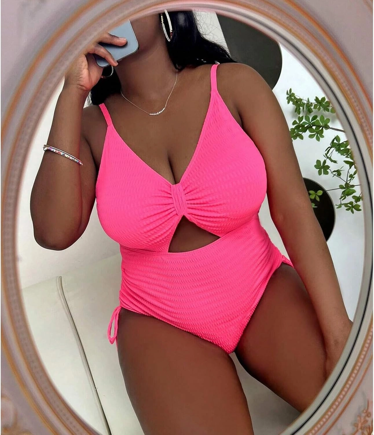 Women' s Plus Size Bikini High Waisted One Piece Swimsuits Ribbed Tummy Control Cutout Bathing Suits Ruched V Neck