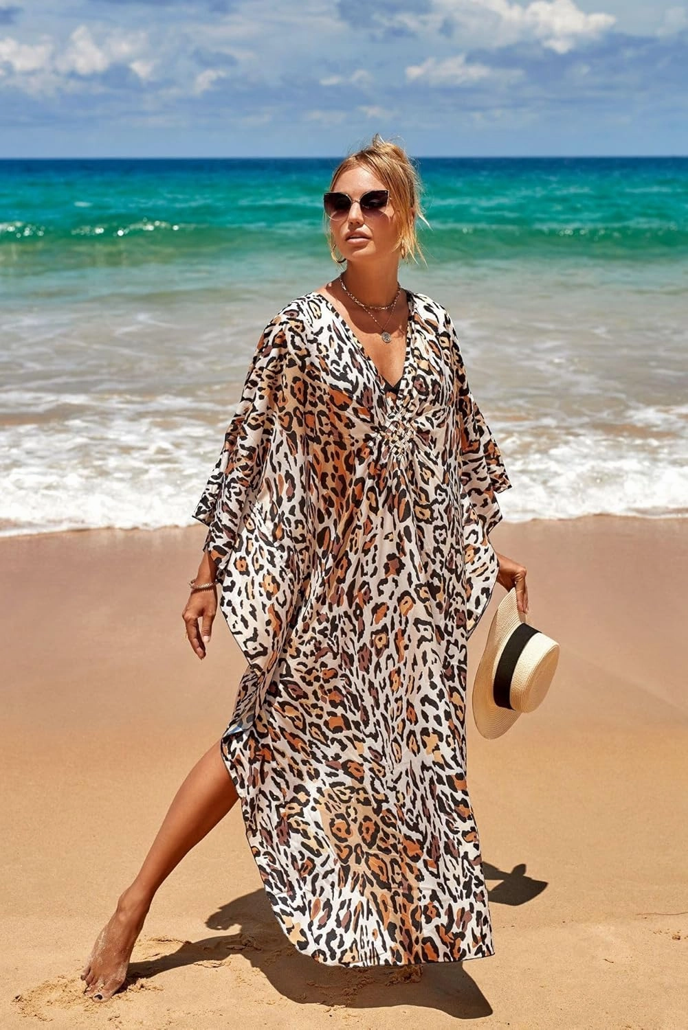 Women Animal Print Kaftan Dresses Plus Size Swimsuit Coverup 2025 Summer Bathing Suit Caftan Loungewear Beach Dress