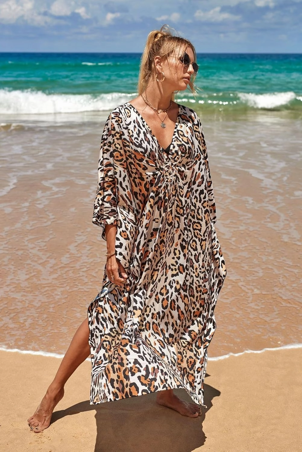 Women Animal Print Kaftan Dresses Plus Size Swimsuit Coverup 2025 Summer Bathing Suit Caftan Loungewear Beach Dress