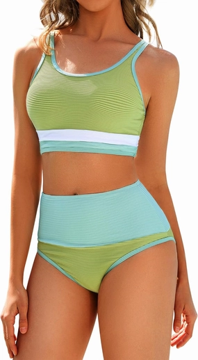Women High Waist Bikini Set Color Block Crop Top Two Piece Swimsuits Sporty Scoop Neck Bathing Suits