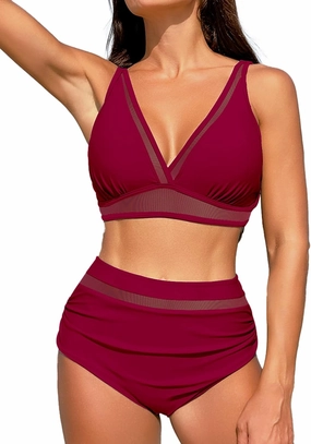 Women High Waist Bikini Sets Two Piece Mesh Tummy Control Bathing Suits Ruched Swimsuits