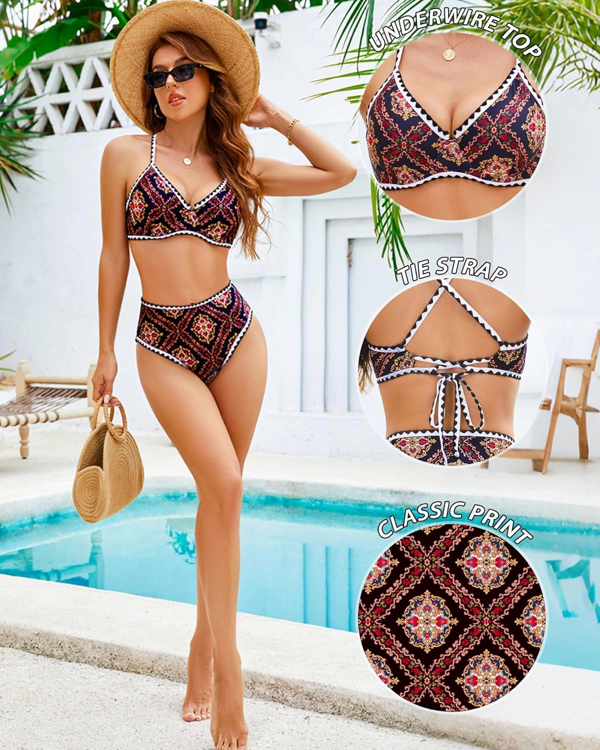 Women High Waisted Bikini Sets-Tummy Control Swimsuit Two Piece Bathing Suit Full Coverage Teen Triangle Top Floral