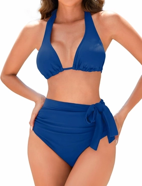 Women Modest Tummy Control Bikini Set High Waisted Ruched Bathing Suit Halter Tie Side Swimsuit