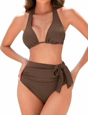 Women Modest Tummy Control Bikini Set High Waisted Ruched Bathing Suit Halter Tie Side Swimsuit