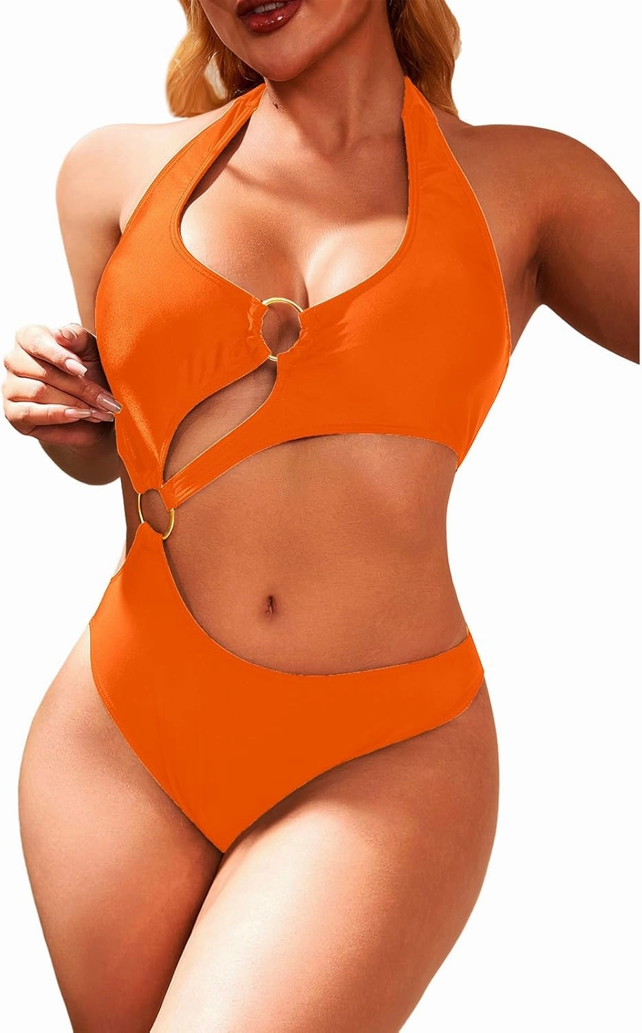 Women One Piece Swimsuit Slimming Cutout Fashoin Swimwear Metal Ring Bathing Suit Female Beachwear
