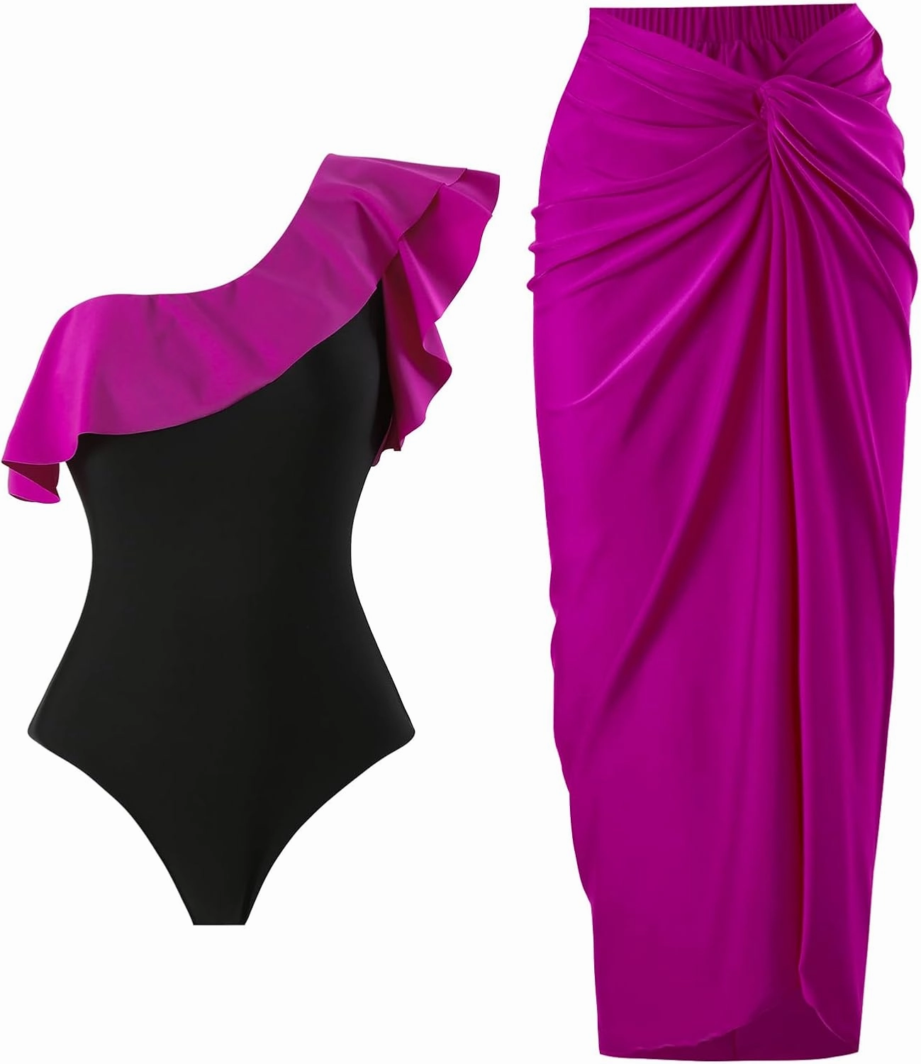 Women One Piece Swimsuit with Cover up Set High Waisted Beach Wrap Skirt Two Piece Bathing Suit