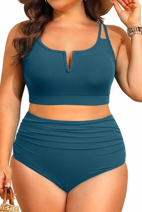 Women Plus Size High Waisted Bikini - Ribbed Two Piece Swimsuit Tummy Control Bathing Suit V-Wired 2025 Swimwear
