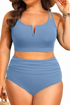 Women Plus Size High Waisted Bikini - Ribbed Two Piece Swimsuit Tummy Control Bathing Suit V-Wired 2025 Swimwear