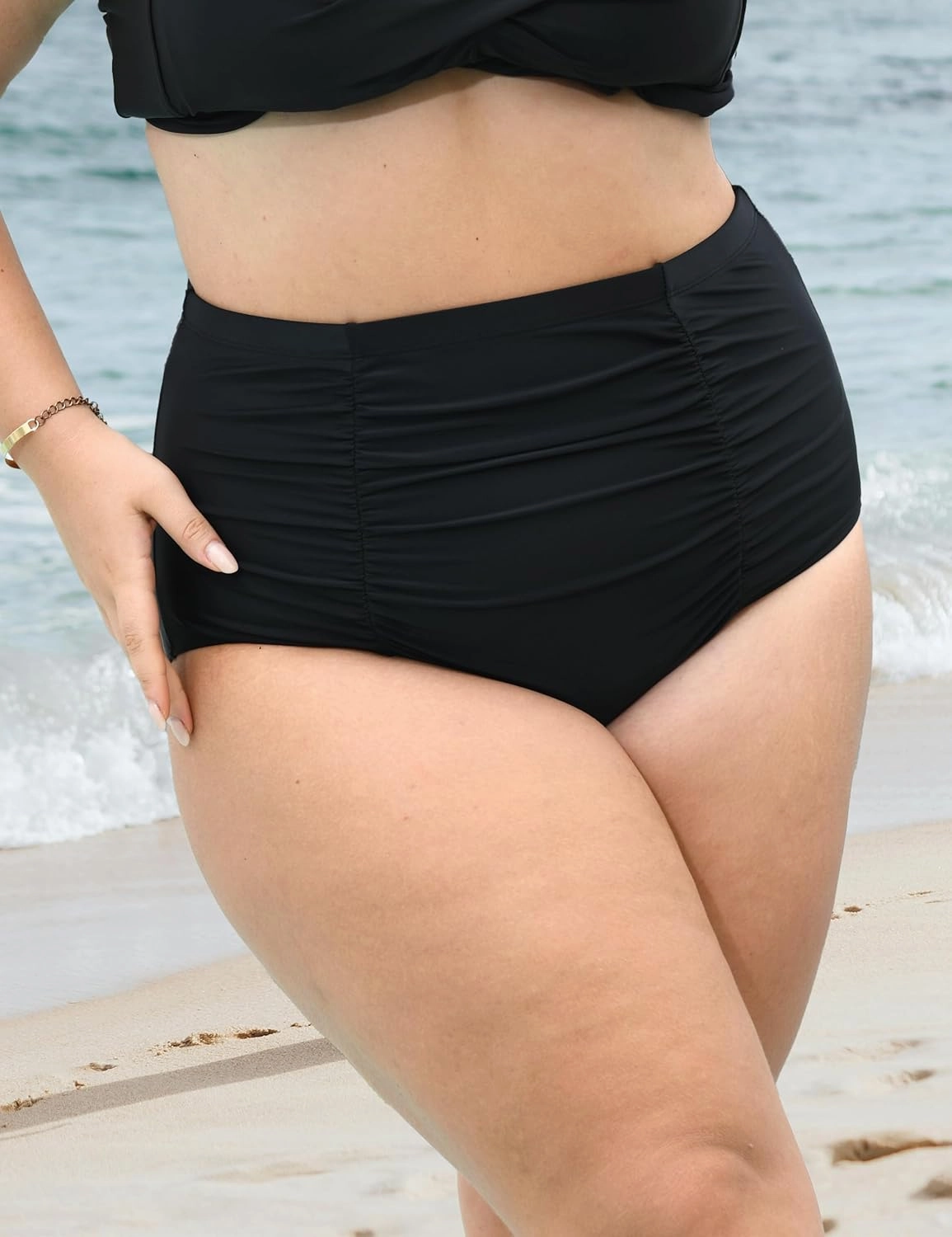 Women Plus Size Ruched High Waisted Black Bikini Bottoms Full Coverage Swimsuit Bottom Tummy Control Swim Bottoms