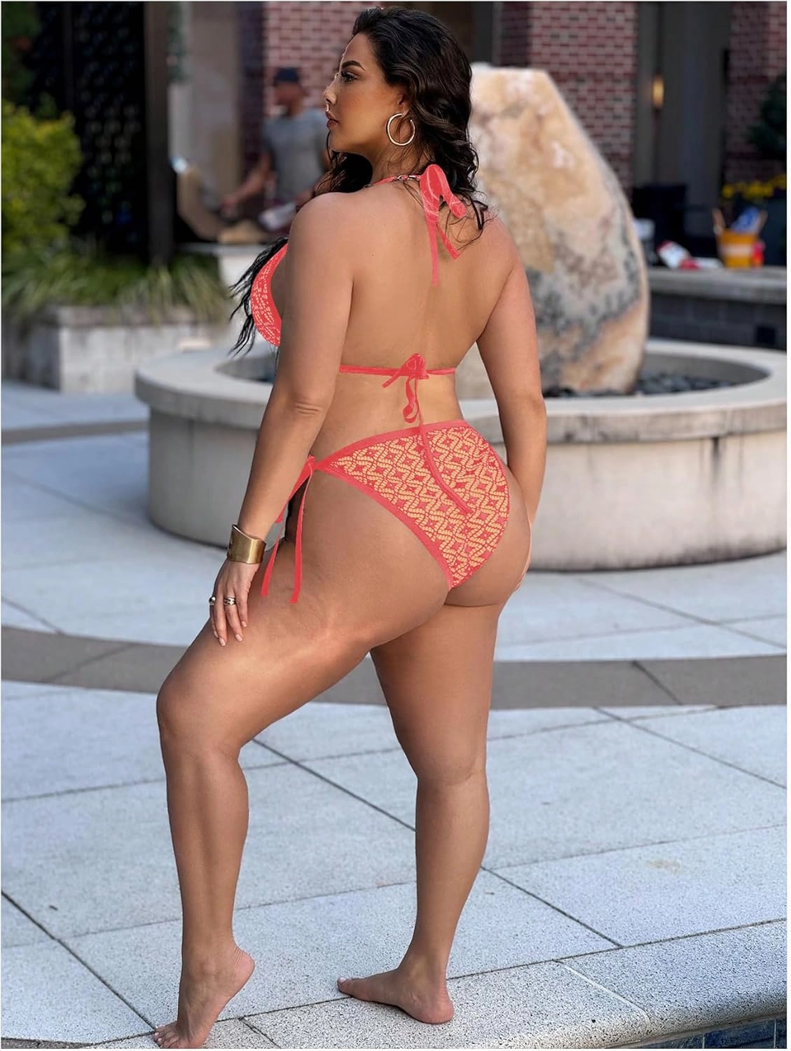 Women Plus Size Thong Bikini Sets String Two Piece Halter Swimsuits with Tie Side Bottom