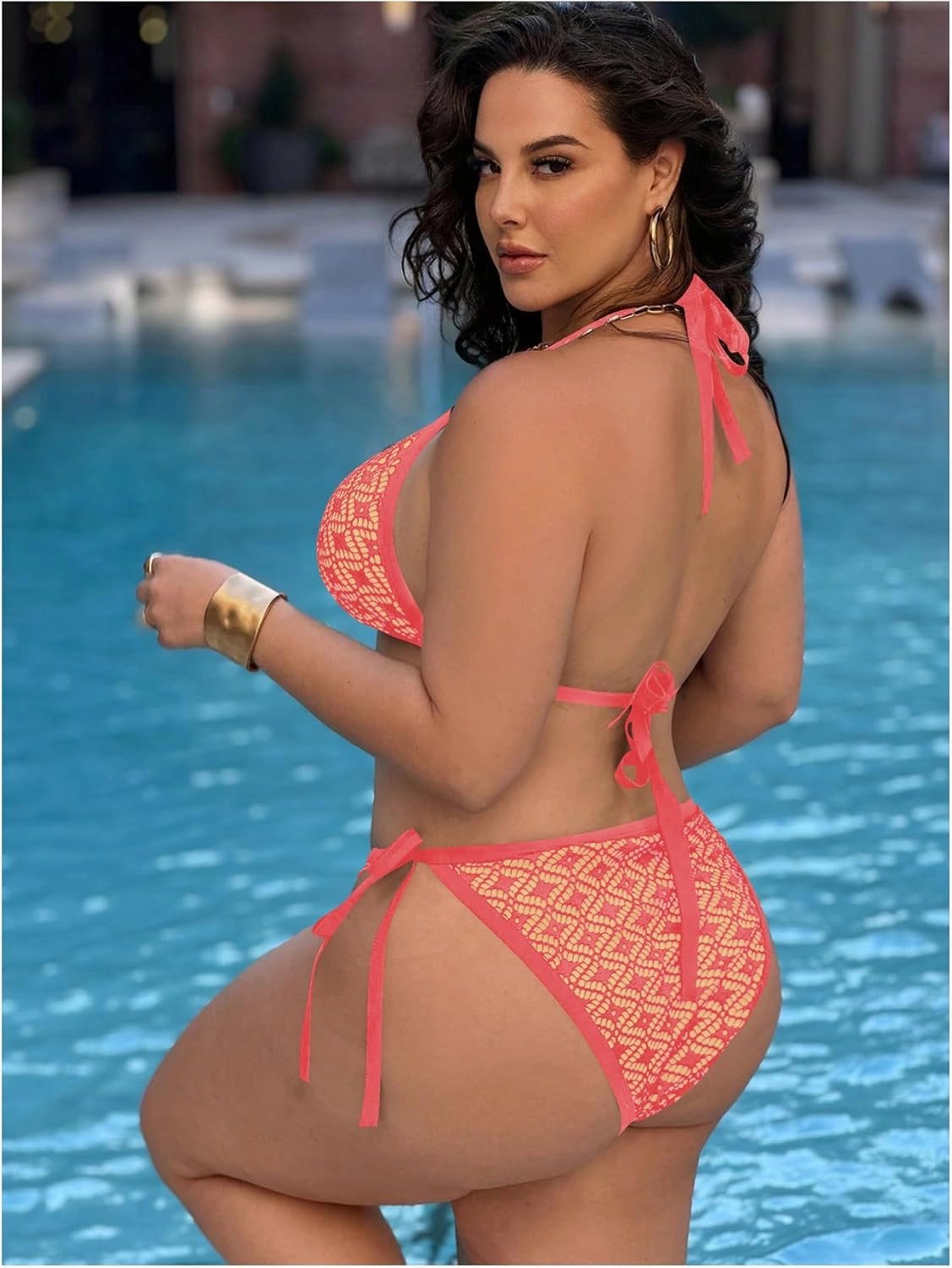 Women Plus Size Thong Bikini Sets String Two Piece Halter Swimsuits with Tie Side Bottom