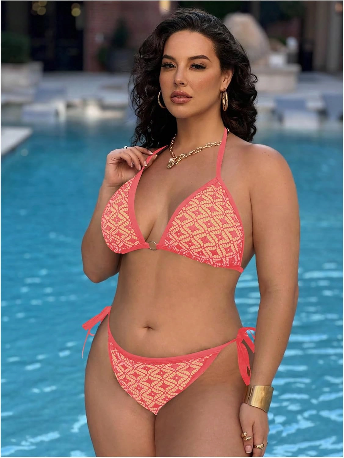 Women Plus Size Thong Bikini Sets String Two Piece Halter Swimsuits with Tie Side Bottom