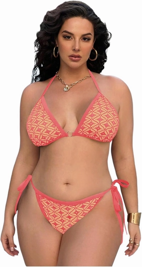 Women Plus Size Thong Bikini Sets String Two Piece Halter Swimsuits with Tie Side Bottom