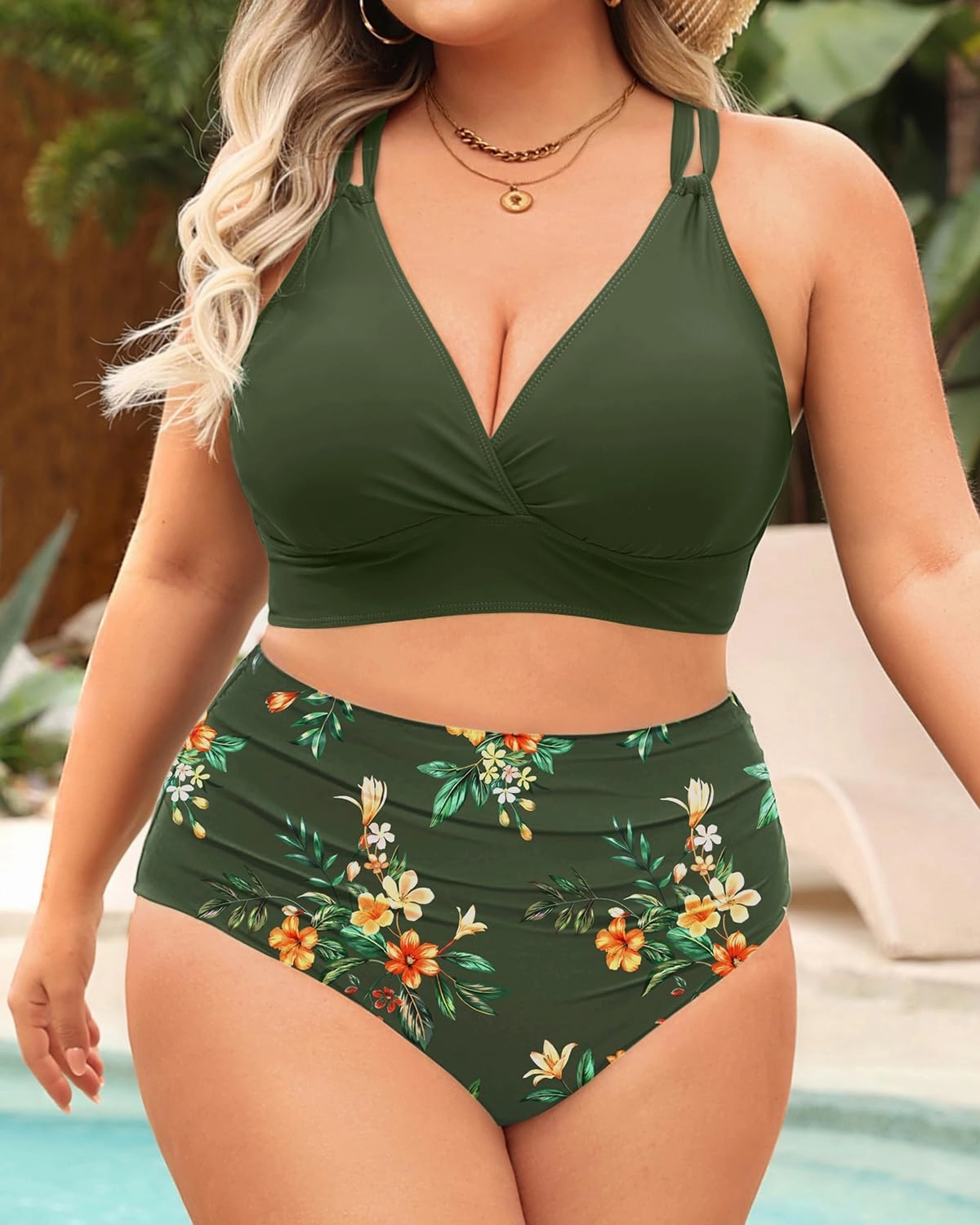 Women Plus Size Two Piece Swimsuit - High Waisted Bikini with Double Straps Tummy Control Bathing Suit 2025 Swimwear