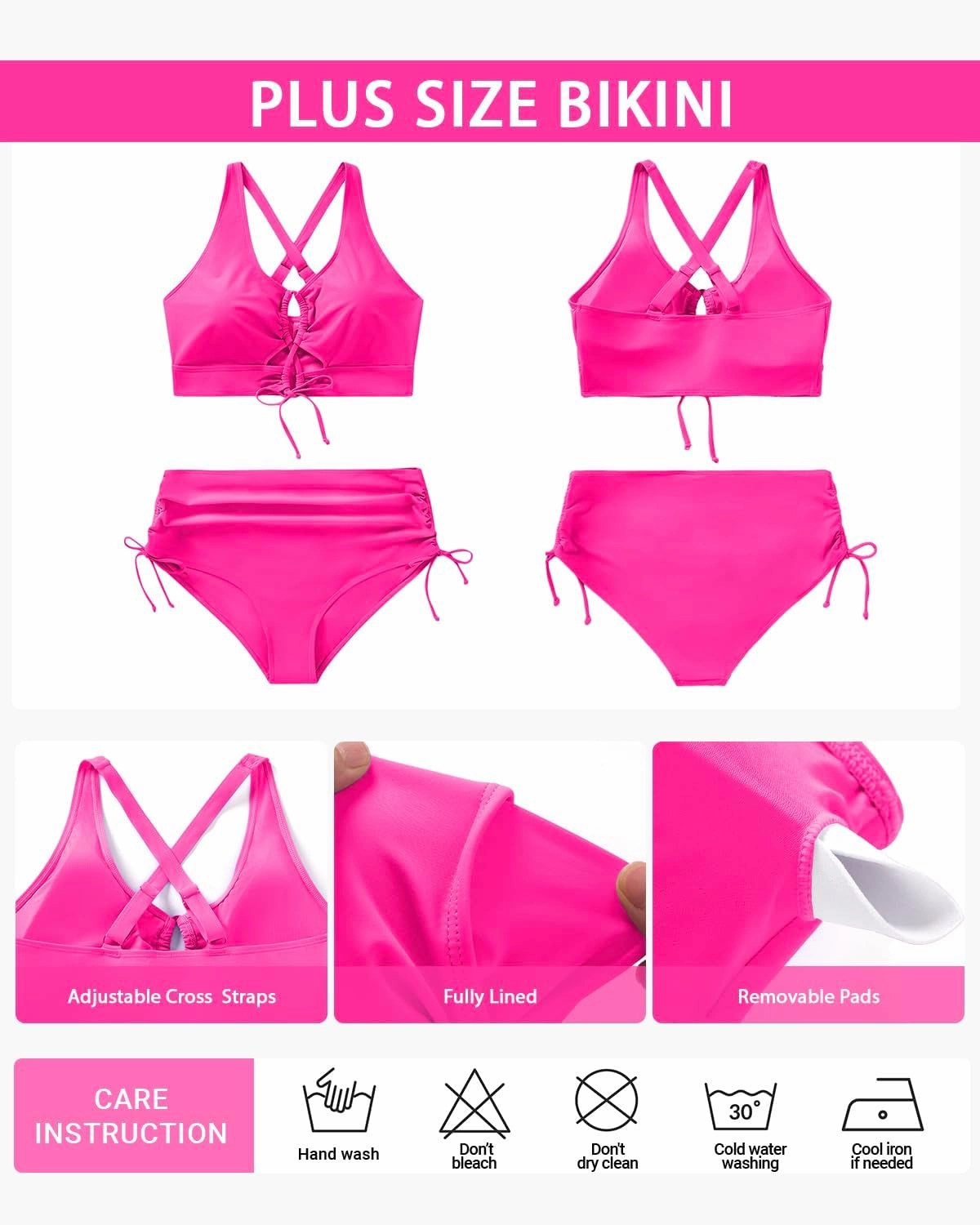 Women Plus Size Two Piece Swimsuit - Tummy Control Bikini Sexy Lace Up Bathing Suits Cutout Swimwear 2025