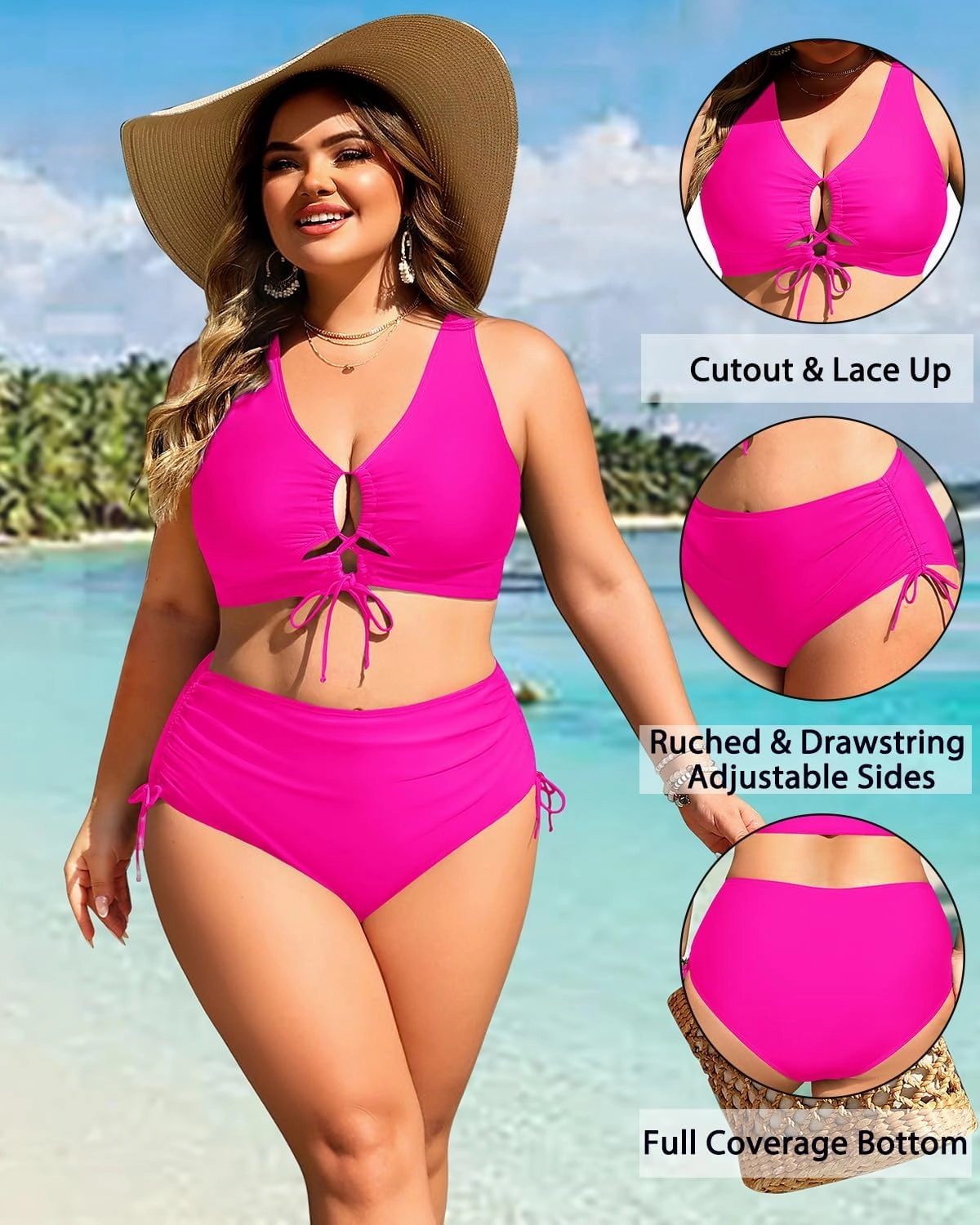 Women Plus Size Two Piece Swimsuit - Tummy Control Bikini Sexy Lace Up Bathing Suits Cutout Swimwear 2025