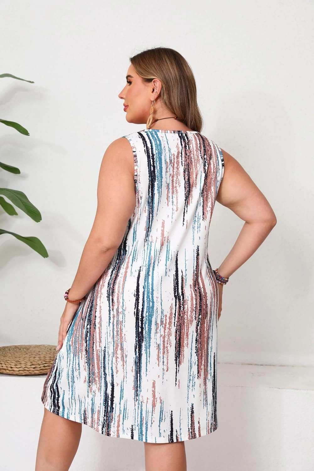 Women Plus Size V Neck Sleeveless Floral Print Pocket T Shirt Dresses Casual Midi Tank Dress Beach Cover up Sundress (XL-5X)