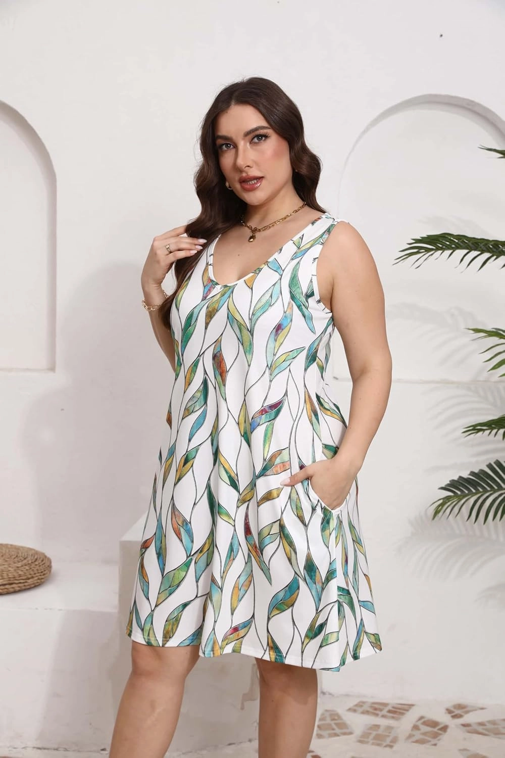 Women Plus Size V Neck Sleeveless Floral Print Pocket T Shirt Dresses Casual Midi Tank Dress Beach Cover up Sundress (XL-5X)
