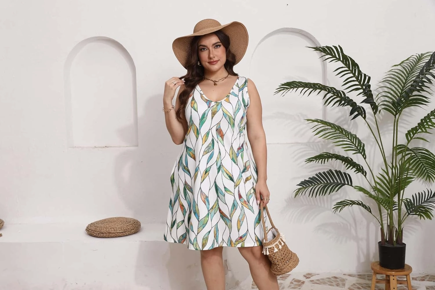 Women Plus Size V Neck Sleeveless Floral Print Pocket T Shirt Dresses Casual Midi Tank Dress Beach Cover up Sundress (XL-5X)