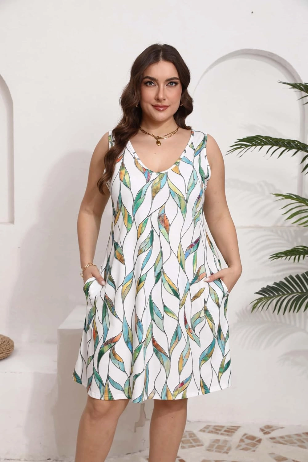 Women Plus Size V Neck Sleeveless Floral Print Pocket T Shirt Dresses Casual Midi Tank Dress Beach Cover up Sundress (XL-5X)
