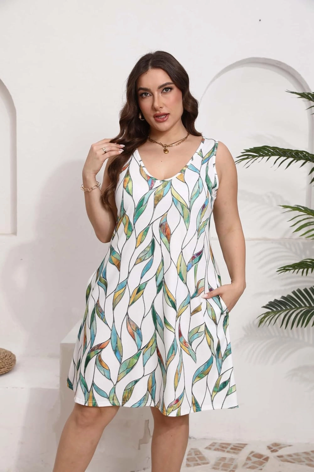 Women Plus Size V Neck Sleeveless Floral Print Pocket T Shirt Dresses Casual Midi Tank Dress Beach Cover up Sundress (XL-5X)