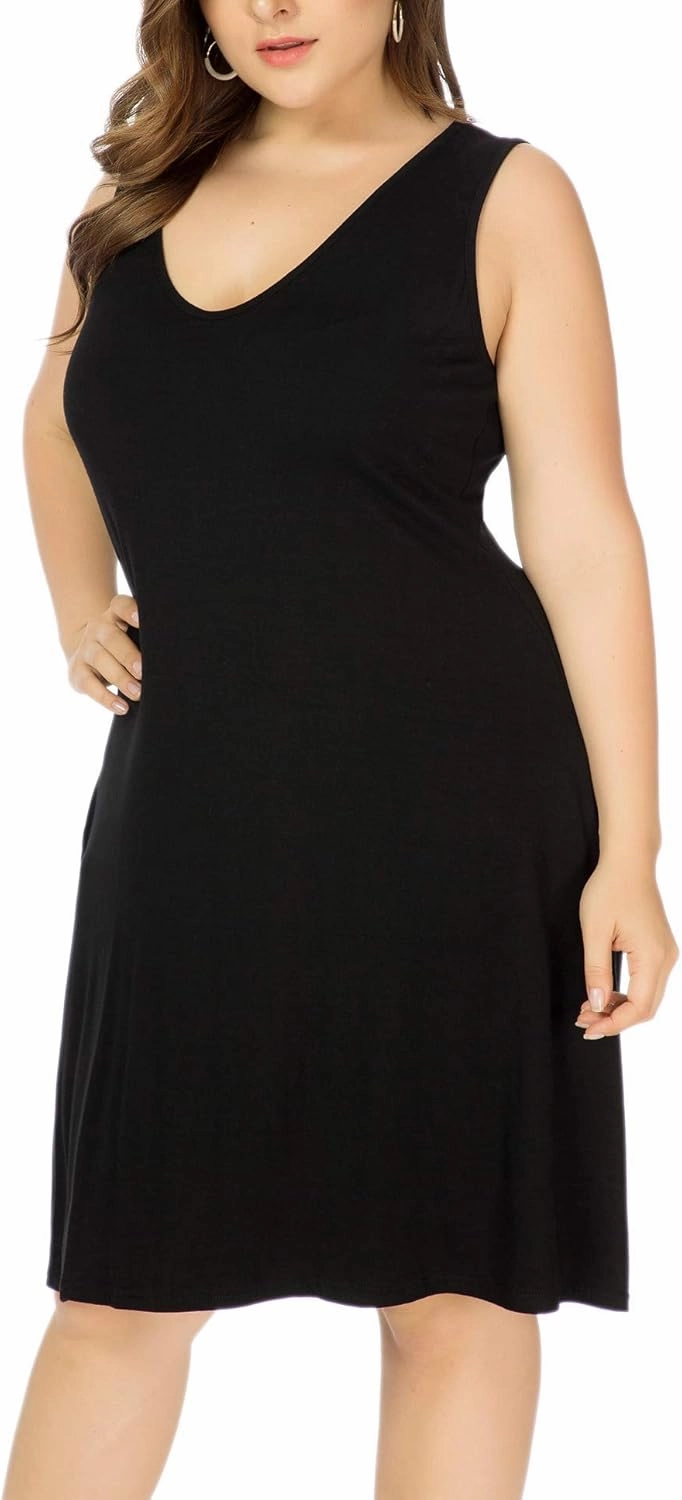 Women Plus Size V Neck Sleeveless Floral Print Pocket T Shirt Dresses Casual Midi Tank Dress Beach Cover up Sundress (XL-5X)