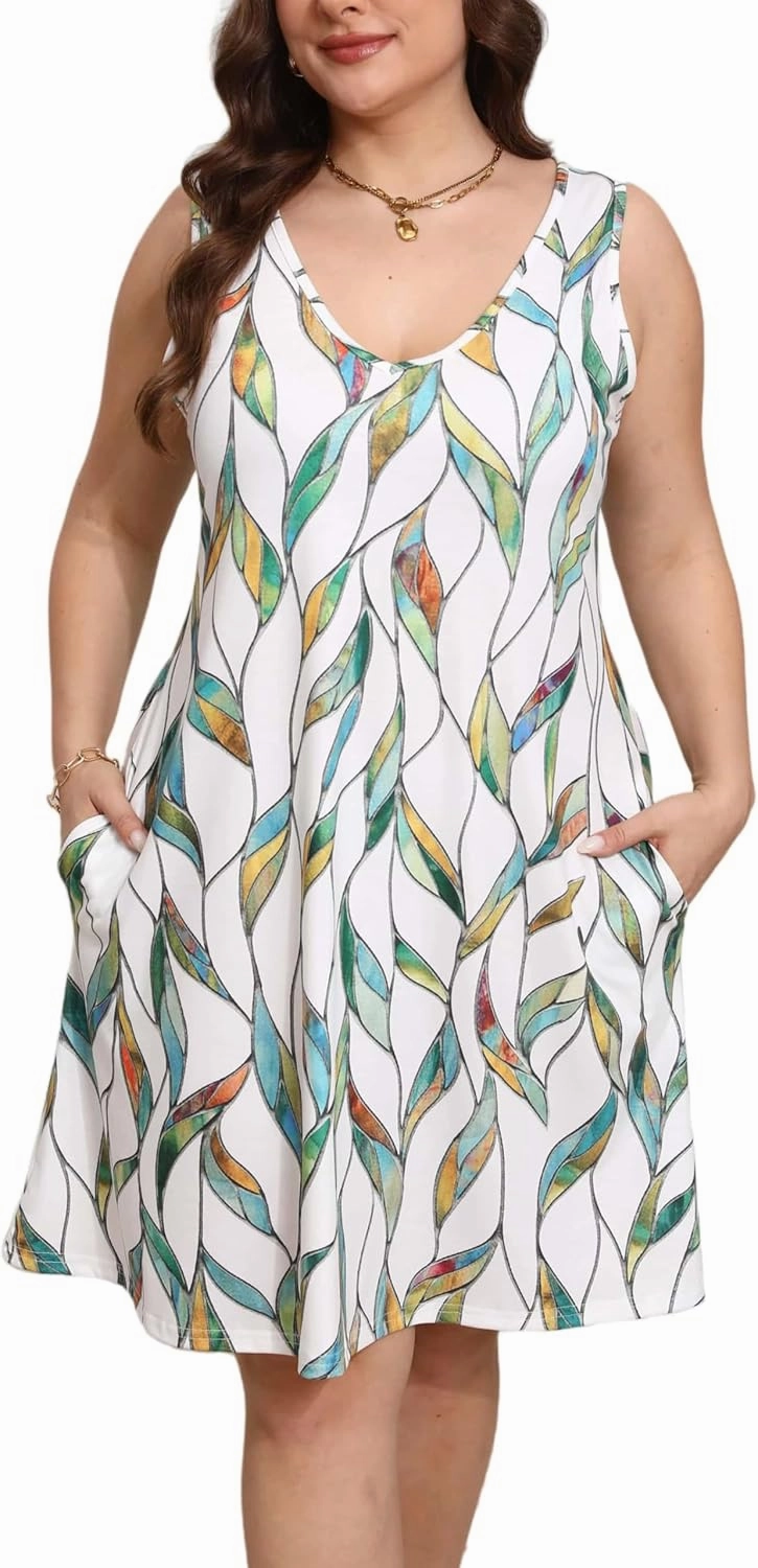 Women Plus Size V Neck Sleeveless Floral Print Pocket T Shirt Dresses Casual Midi Tank Dress Beach Cover up Sundress (XL-5X)