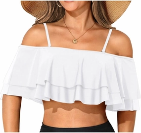Women Ruffle Bikini Top Double Layer Flounce Swimsuit Off Shoulder Bathing Suit top Only