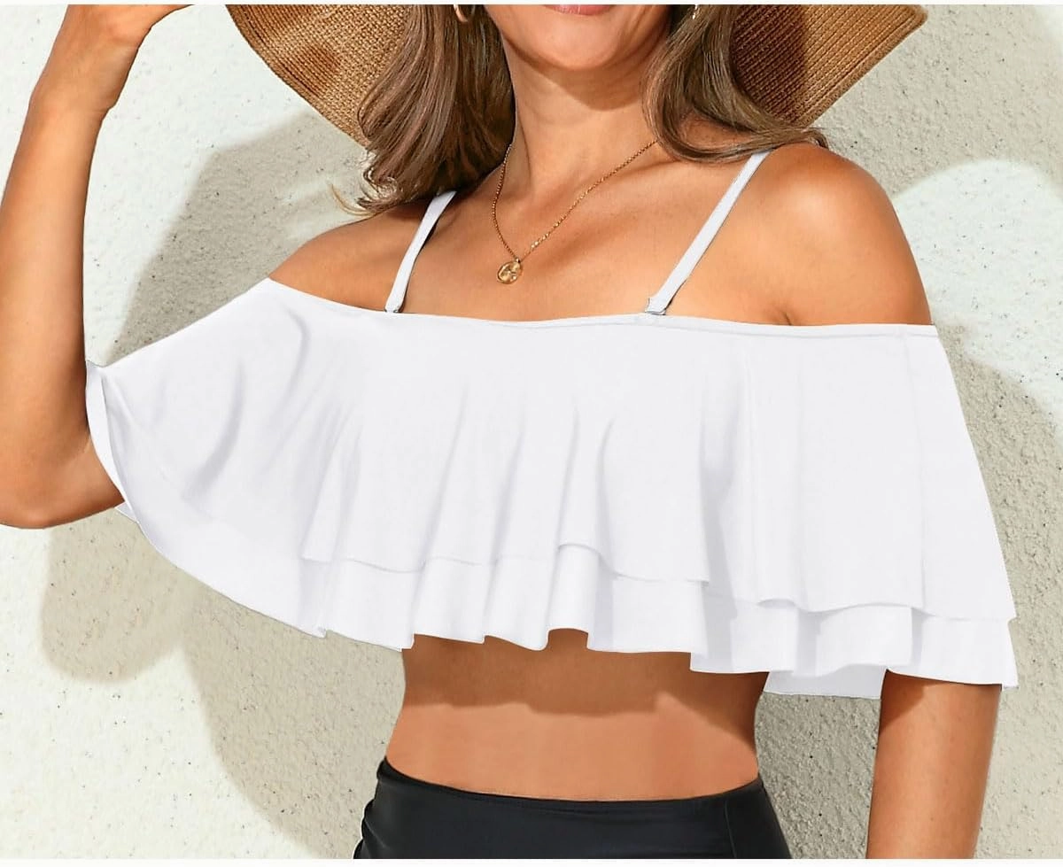 Women Ruffle Bikini Top Double Layer Flounce Swimsuit Off Shoulder Bathing Suit top Only