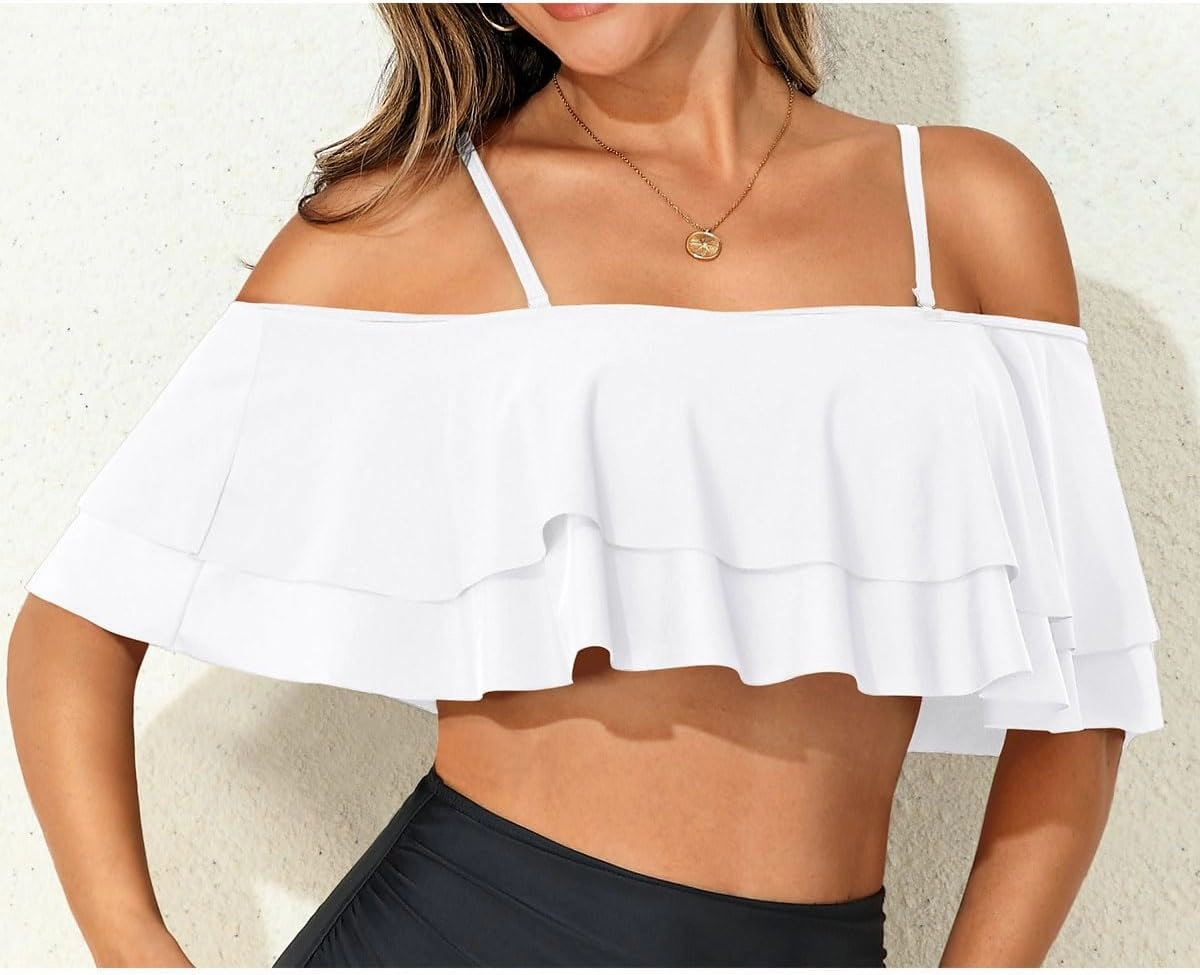 Women Ruffle Bikini Top Double Layer Flounce Swimsuit Off Shoulder Bathing Suit top Only