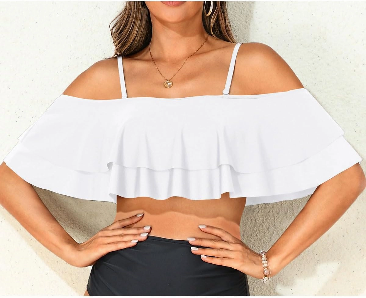 Women Ruffle Bikini Top Double Layer Flounce Swimsuit Off Shoulder Bathing Suit top Only
