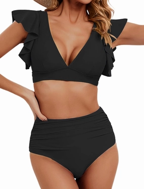 Women Ruffle High Waisted Swimsuit Two Piece Tropical Print Swimsuit Push Up Bathing Suit