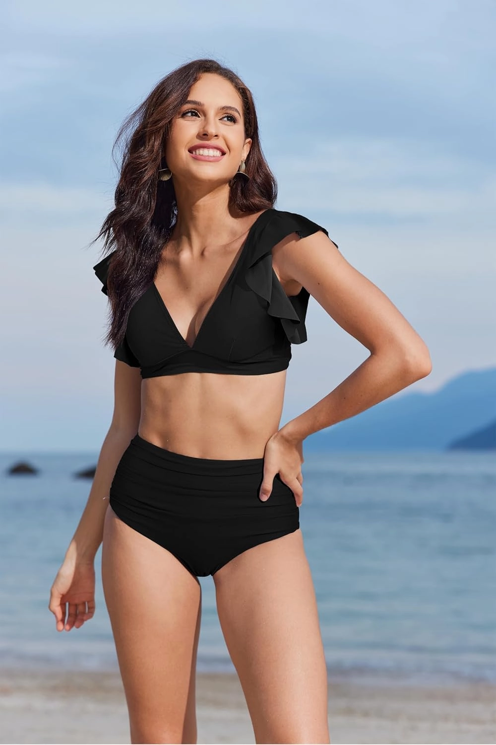 Women Ruffle High Waisted Swimsuit Two Piece Tropical Print Swimsuit Push Up Bathing Suit