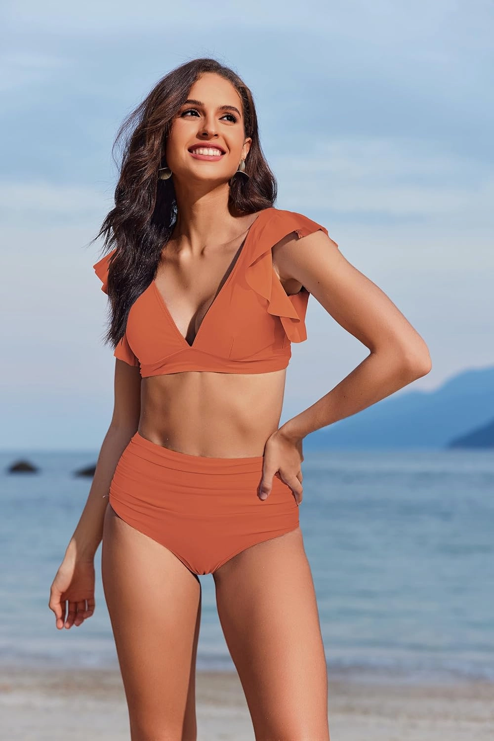 Women Ruffle High Waisted Swimsuit Two Piece Tropical Print Swimsuit Push Up Bathing Suit