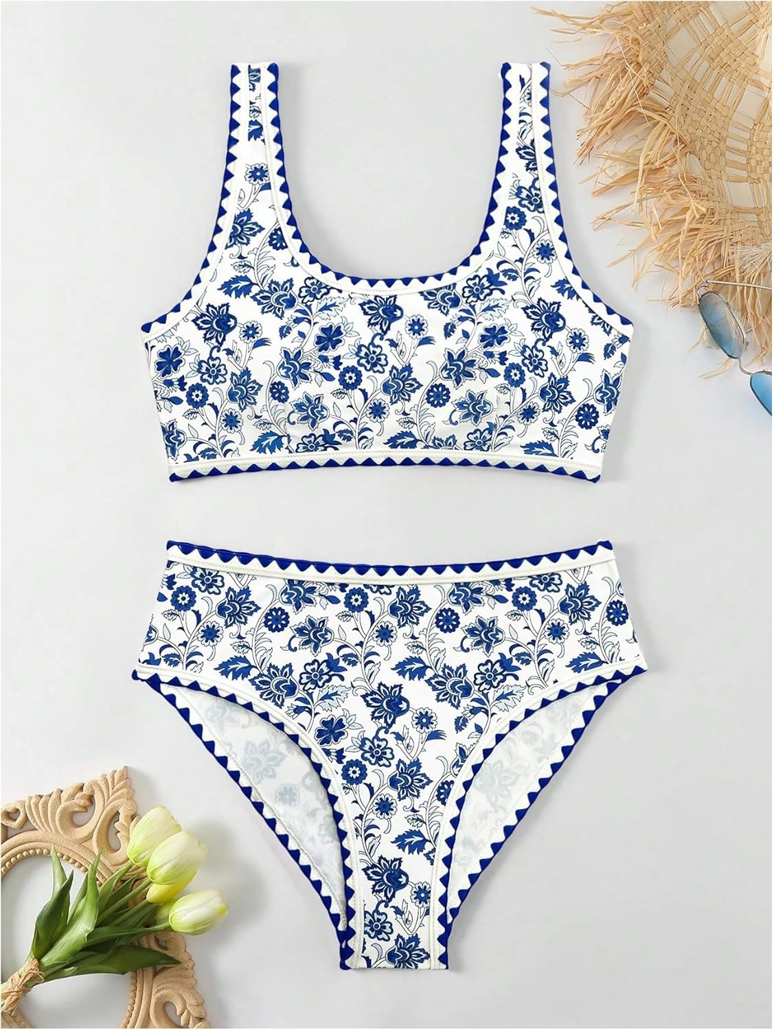 Women's 2 Piece Floral Print Bikini Set Y2K Tankini Set Boho High Waist Swimsuit Full Coverage Bathing Suit Beachwear