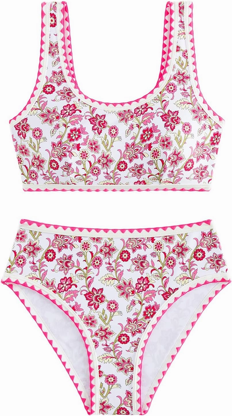 Women's 2 Piece Floral Print Bikini Set Y2K Tankini Set Boho High Waist Swimsuit Full Coverage Bathing Suit Beachwear