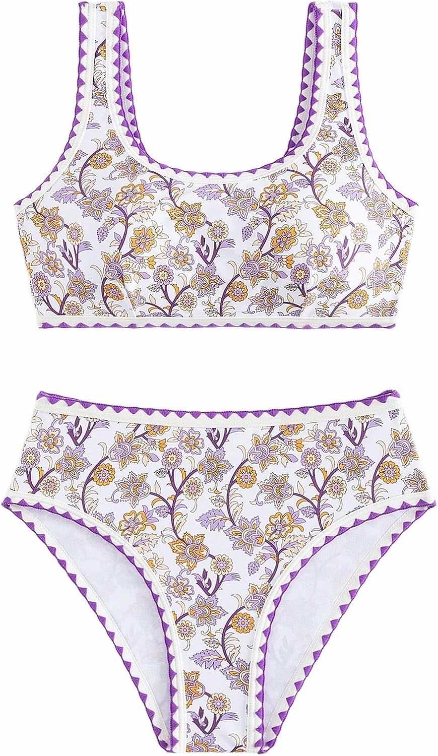 Women's 2 Piece Floral Print Bikini Set Y2K Tankini Set Boho High Waist Swimsuit Full Coverage Bathing Suit Beachwear
