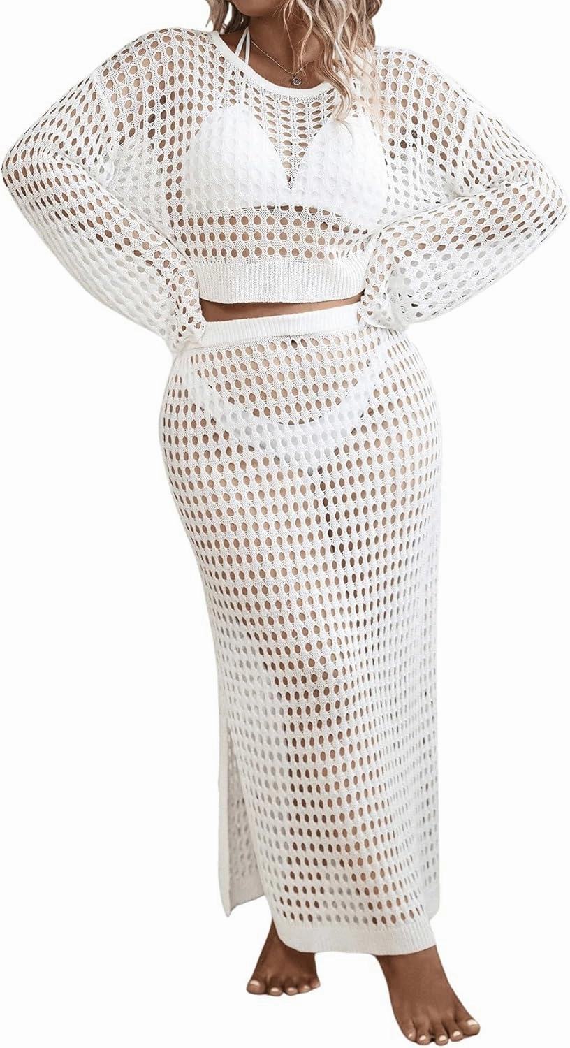 Women's 2 Piece Plus Size Cover Up Sweater and Split Thigh Skirt Set Beach Swim Cover Up Outfit