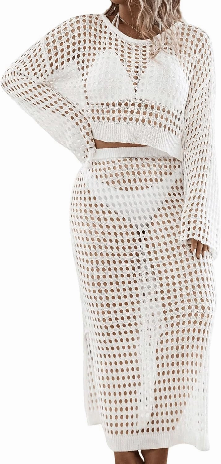 Women's 2 Piece Plus Size Cover Up Sweater and Split Thigh Skirt Set Beach Swim Cover Up Outfit