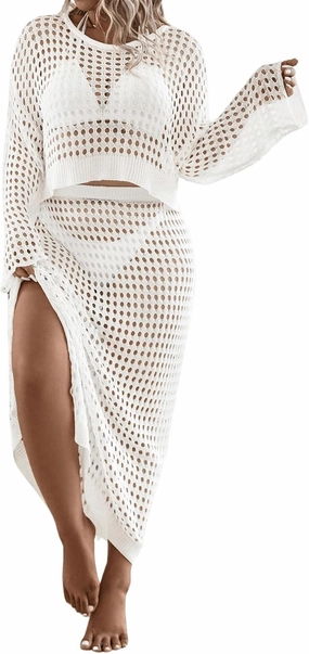 Women's 2 Piece Plus Size Cover Up Sweater and Split Thigh Skirt Set Beach Swim Cover Up Outfit